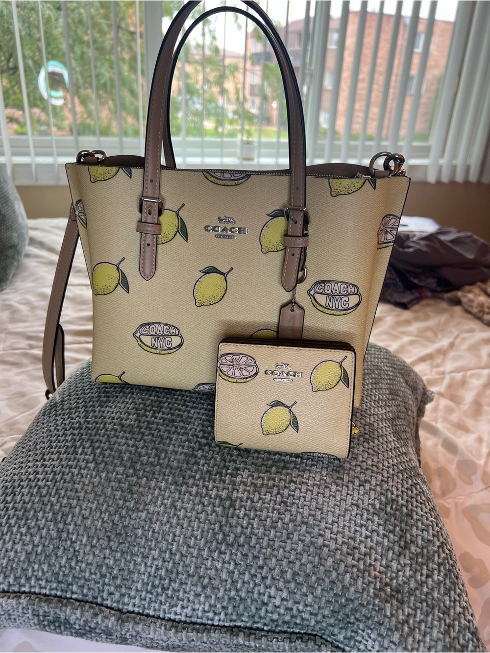 Coach Mollie Lemon Print Tote with Matching Wallet - Yellow/Tan